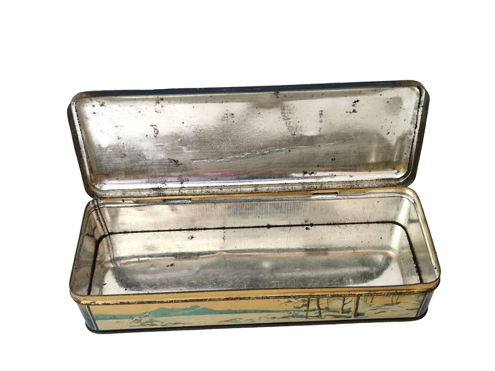 photo furniture French Tin Candy Box With Snowy Winter Scene And Village In Country Landscape