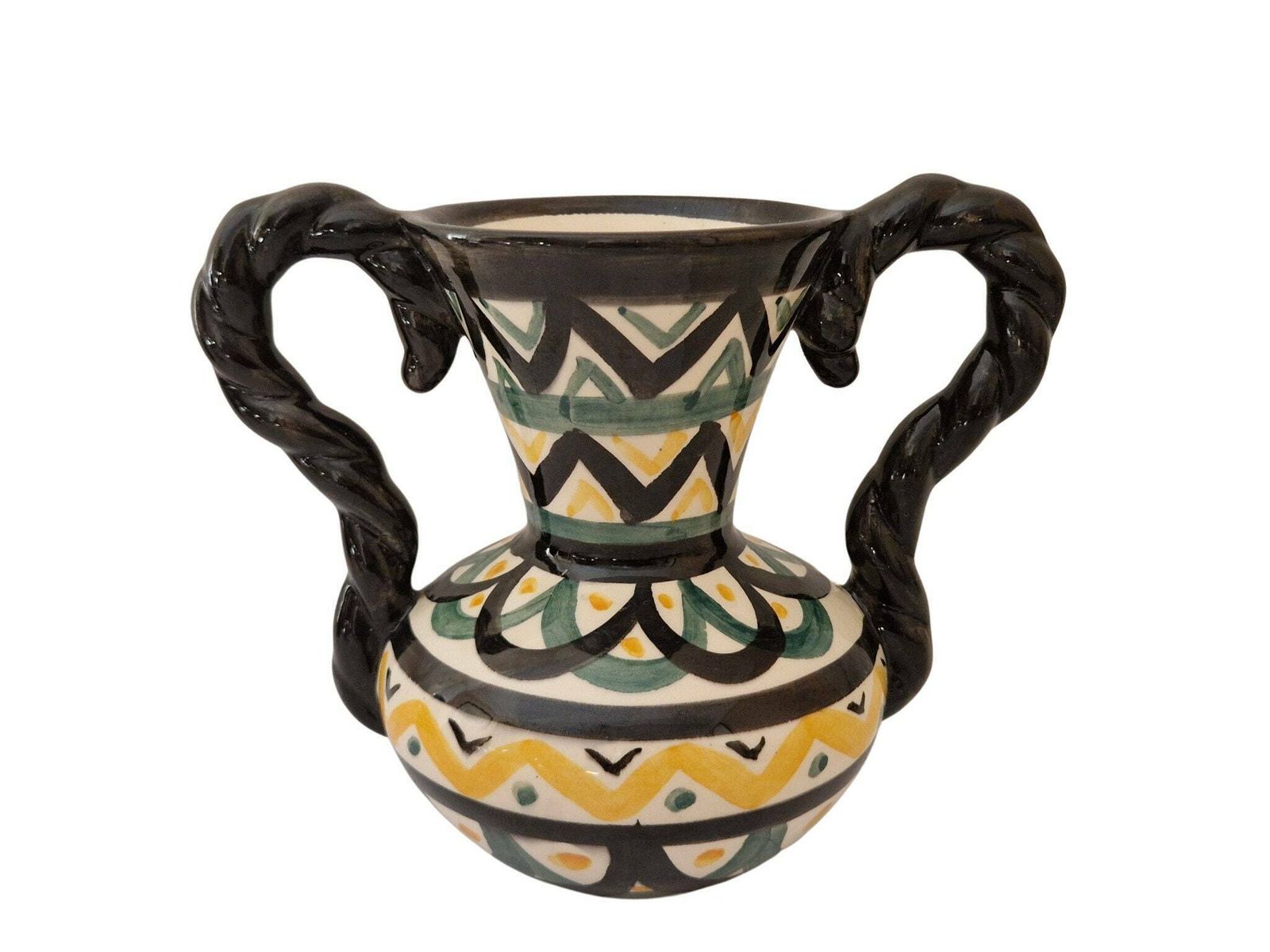Mid Century Pottery Vase With Handles By Saint Jean De Bretagne, Hand Painted French Breton Ceramic photo furniture