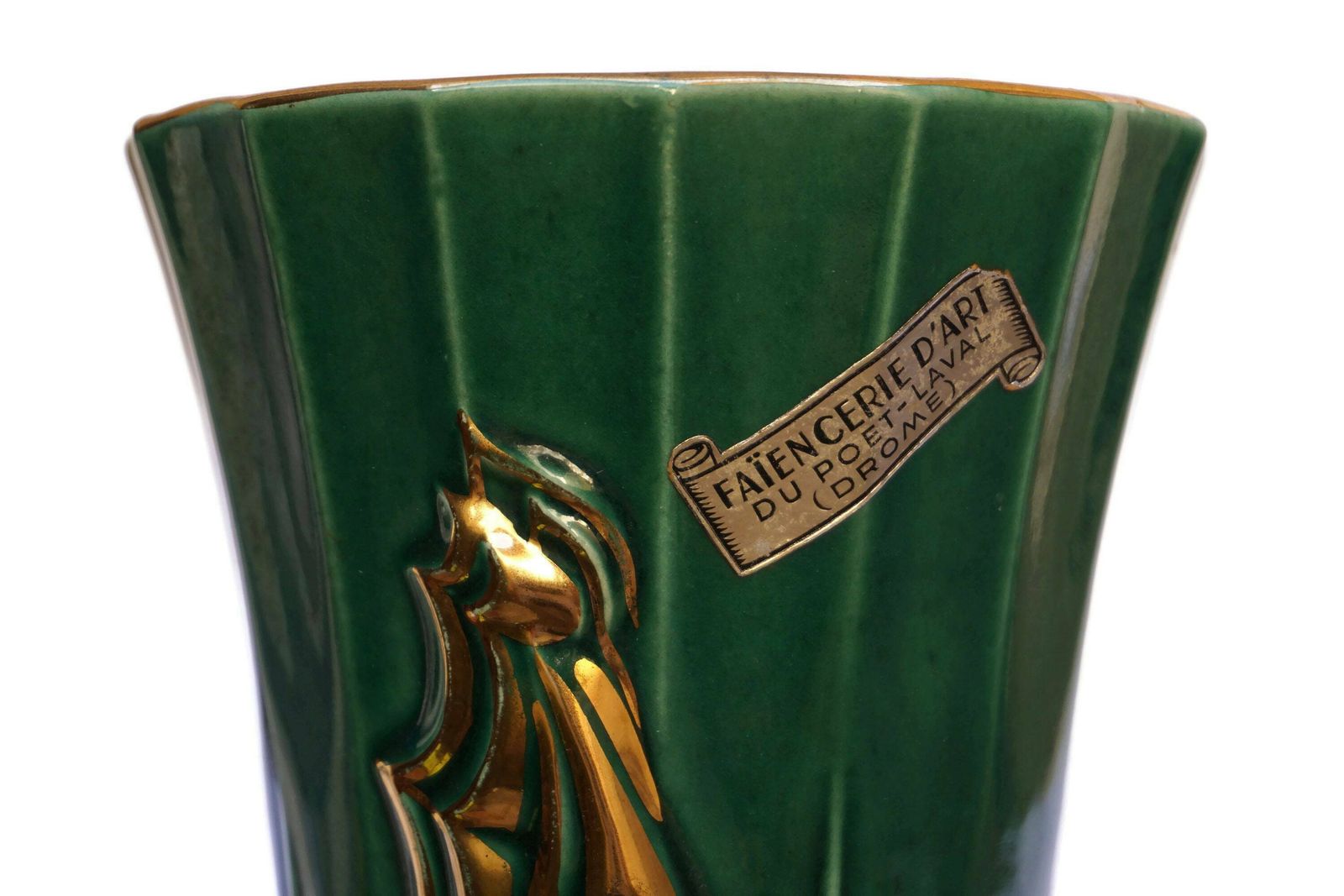 French Art Deco Pottery Vase With Seagulls And Sailing Boat, Nautical Mid Century photo vintage