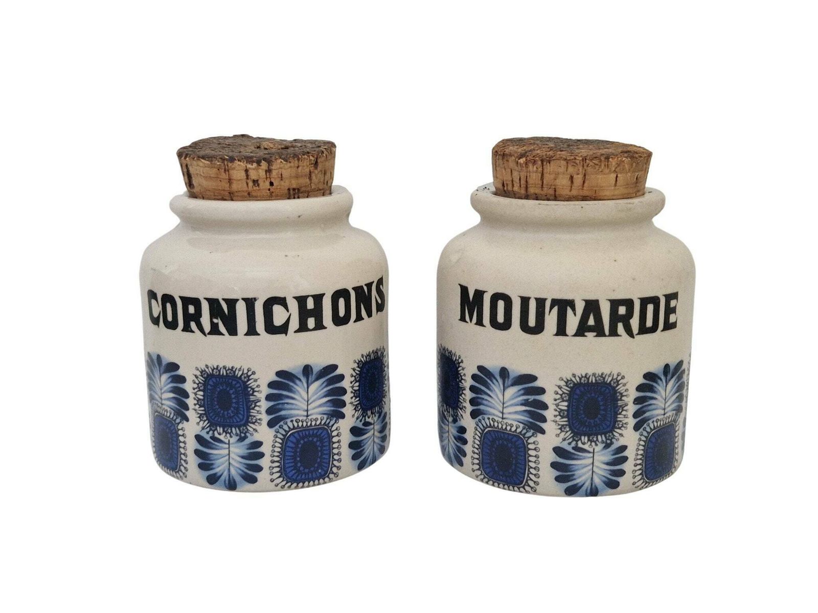 1970s Pottery Kitchen Crock Jar Set With Scandinavian Style Blue Leaf By Lml In Palma Pattern, French Mustard & Pickle Stoneware Canisters