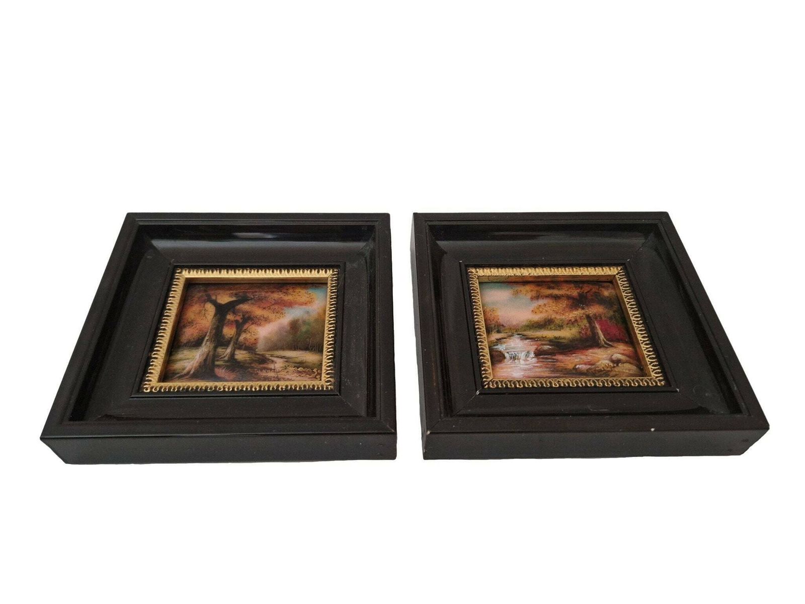 Miniature Limoges Enamel Paintings By Jean Grange, Set Of 2 Fall Tree Country Landscapes photo furniture