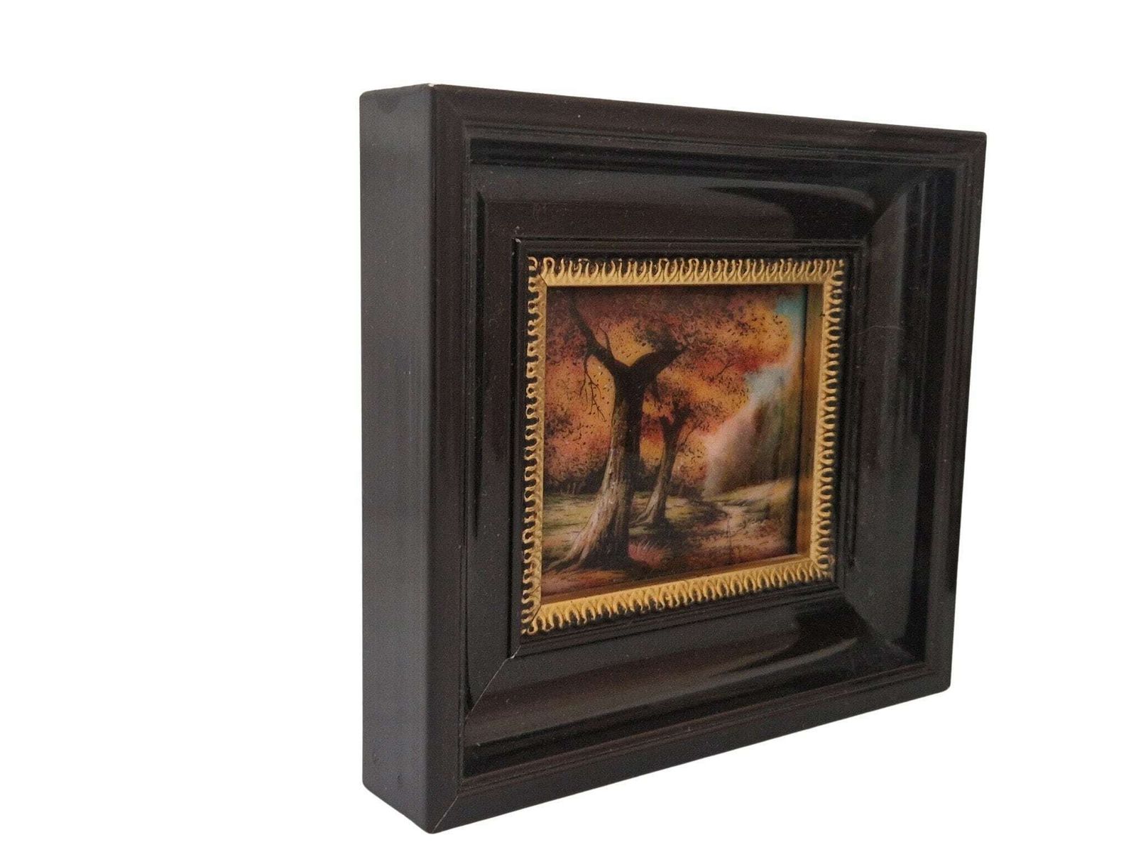 Miniature Limoges Enamel Paintings By Jean Grange, Set Of 2 Fall Tree Country Landscapes photo vintage