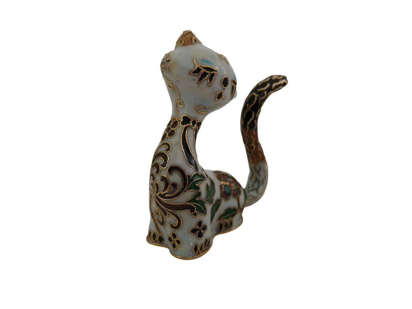 Vintage Chinese Cloisonne Cat Figurine, Collectible Enamel Brass Animal Figure photo vintage