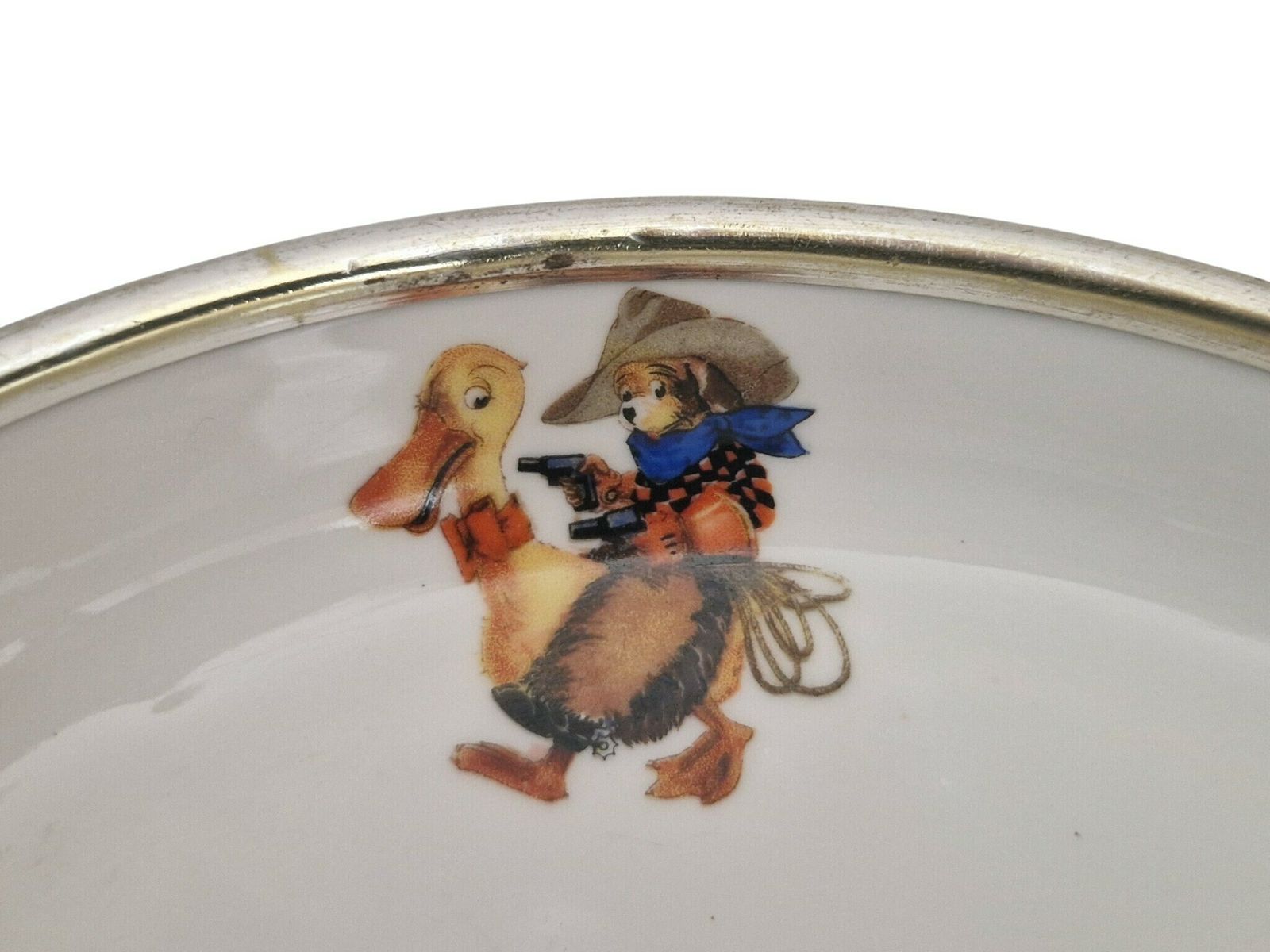 Baby Feeding Bowl With Art Deco Children Illustrations, Porcelain Food Warming Dish photo vintage
