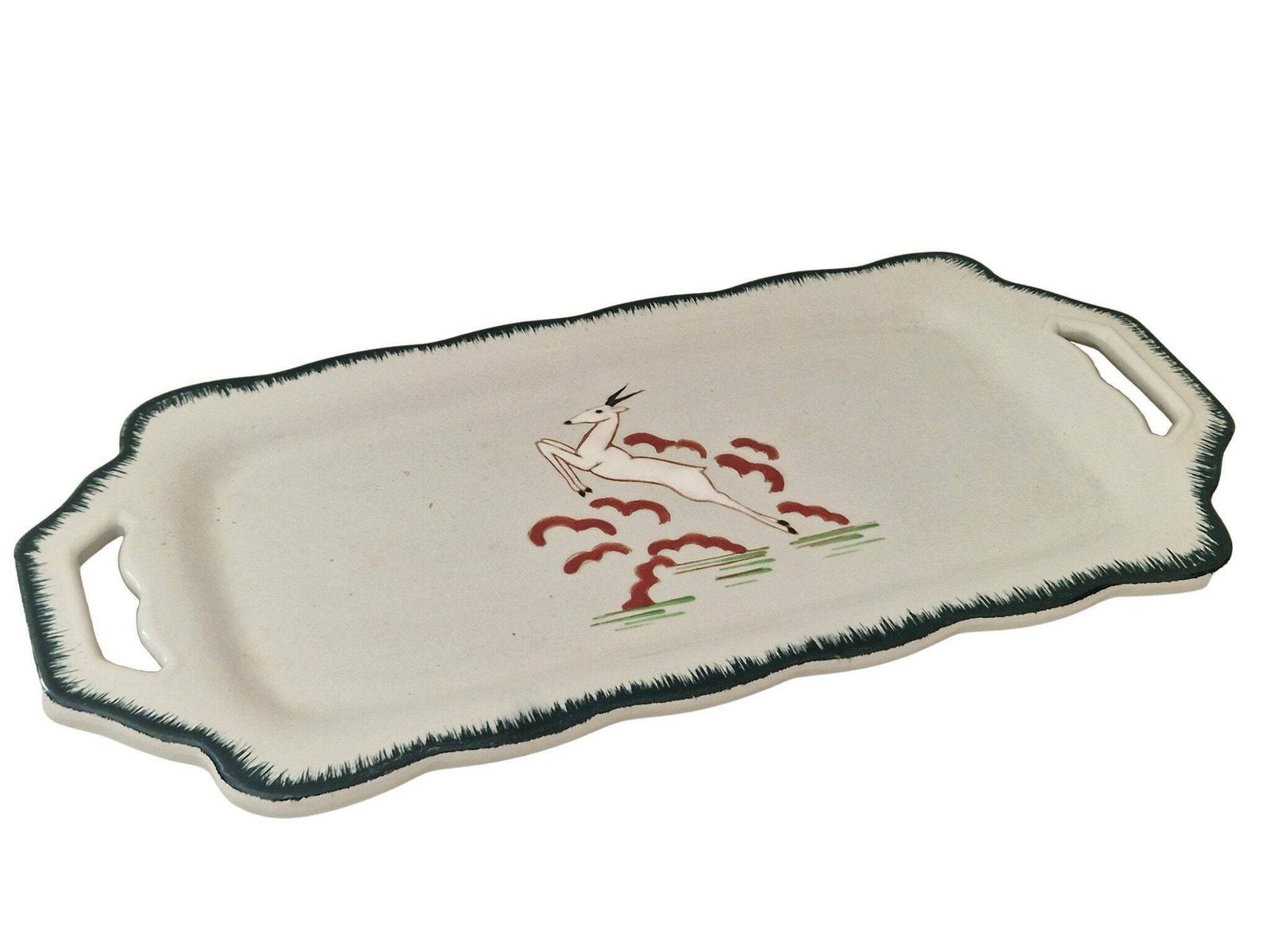 Art Deco Celadon Ceramic Cake Platter By Longwy With Hand Painted Enamel Gazelle, French Faience Snack Tray photo furniture