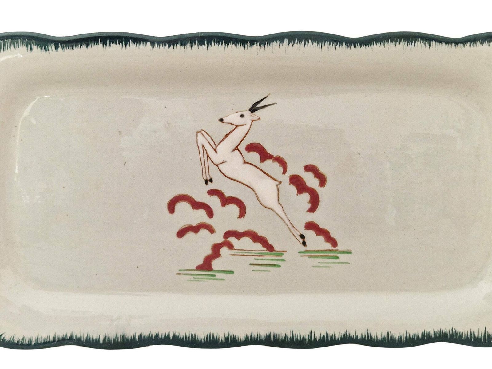 Art Deco Celadon Ceramic Cake Platter By Longwy With Hand Painted Enamel Gazelle, French Faience Snack Tray photo buy