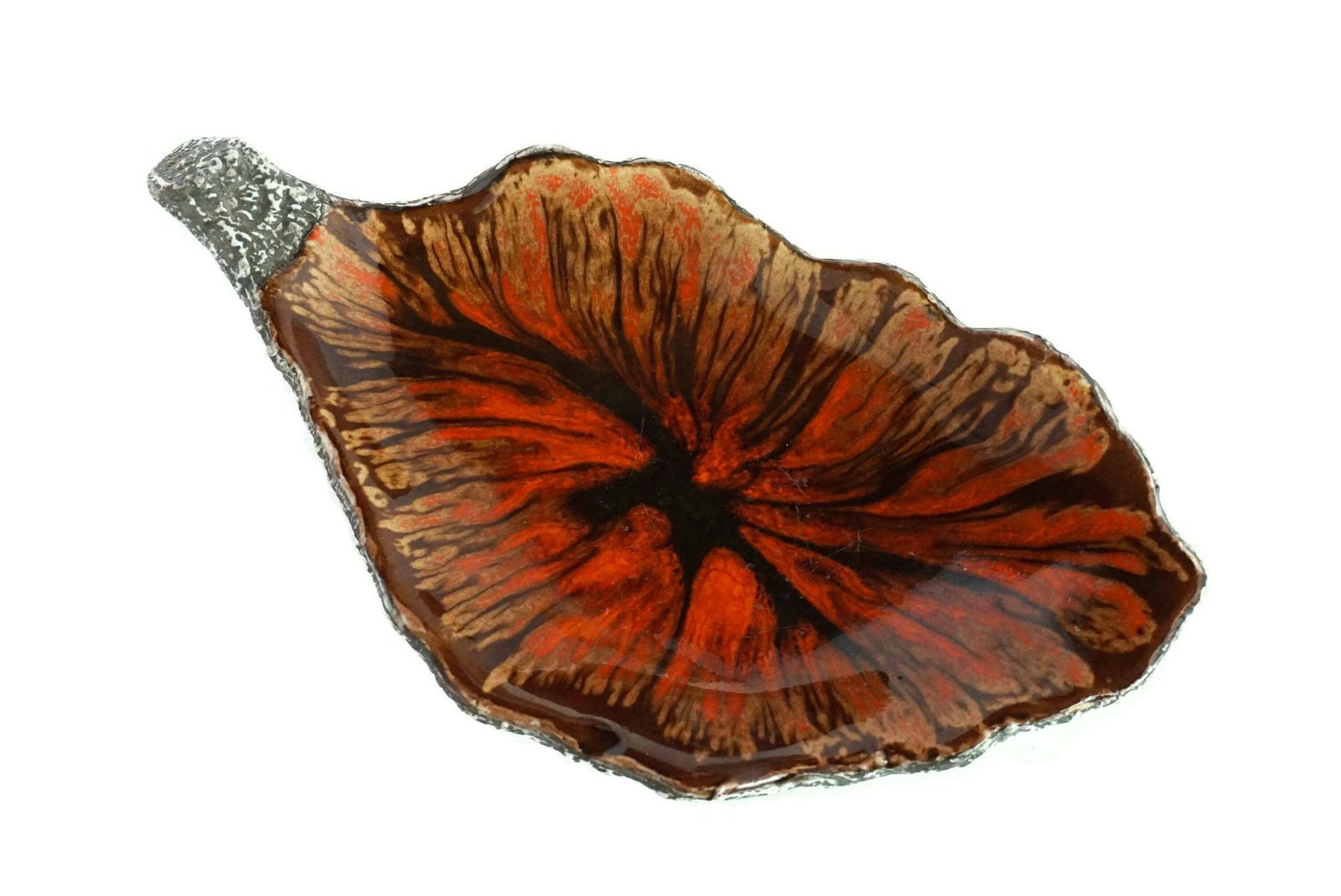 1950s French Pottery Leaf Coin Dish, Mid Century Modern Ceramic Fat Lava Glaze photo for sale