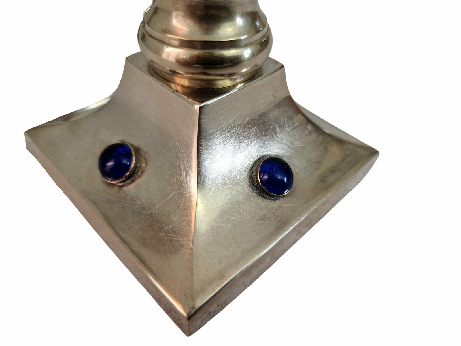 French Brass And Silver Plate Candle Holder Pair With Sapphire Blue Glass Cabochons photo Home Decor