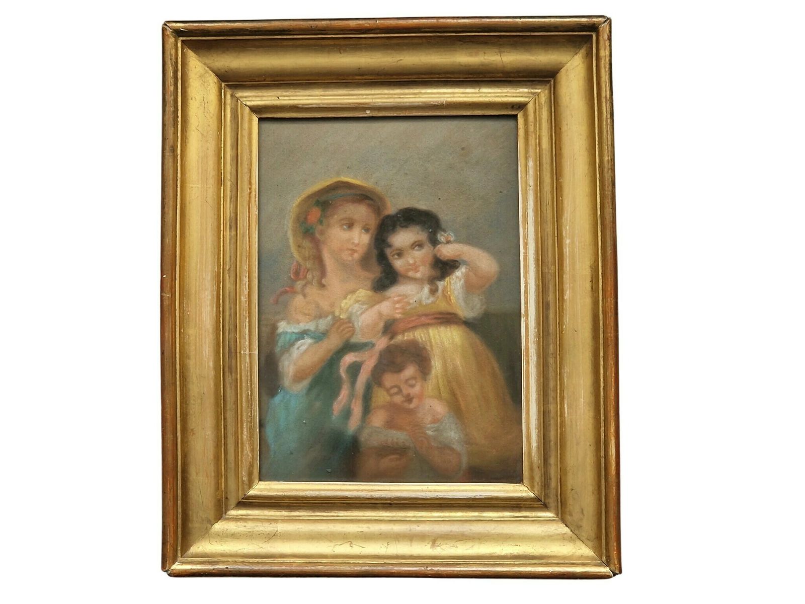 19th Century Children Portrait Oil Pastel Drawing,