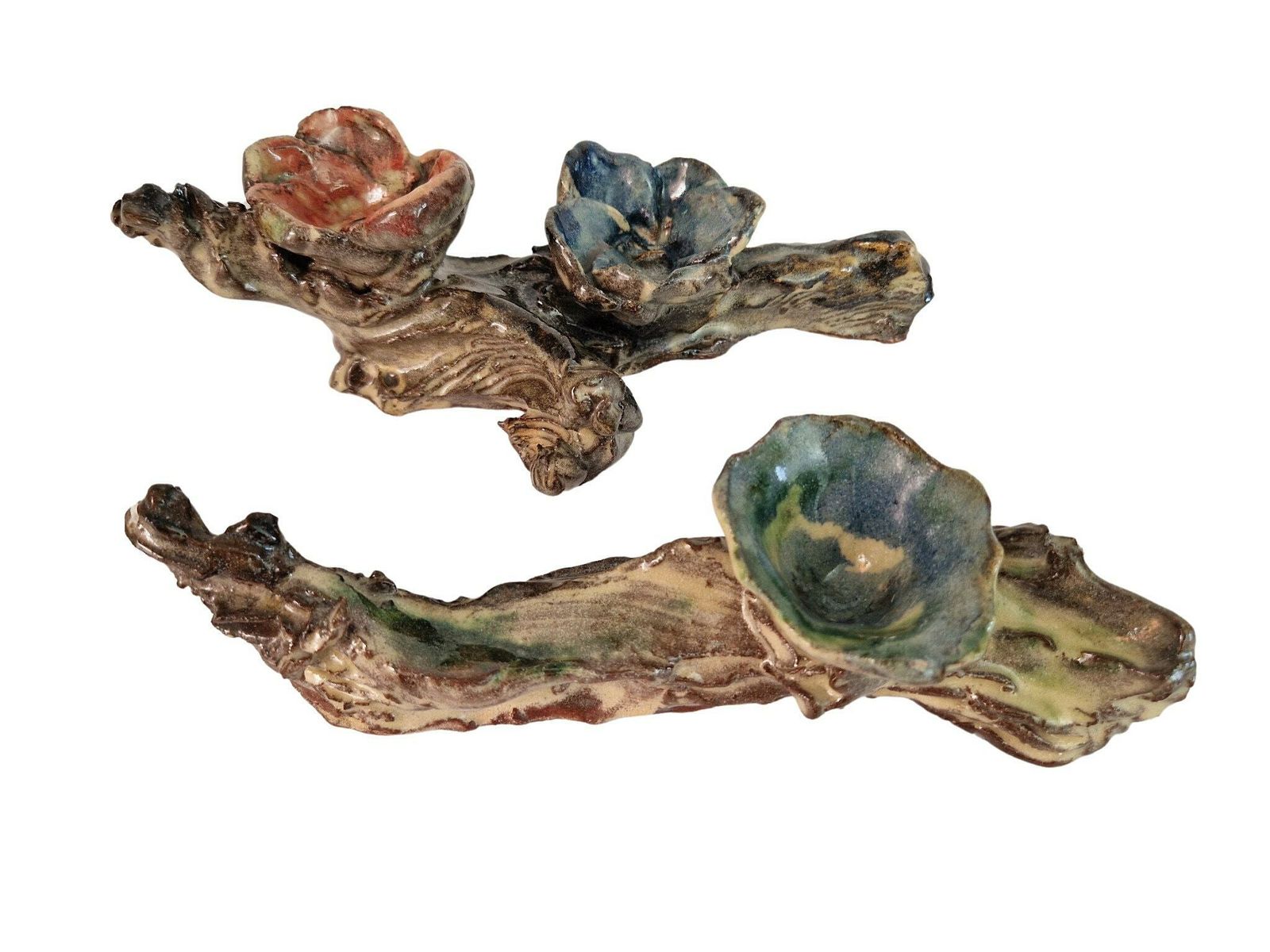 Hand Made Pottery Flower Tealight Candleholder Pair, French Glazed Ceramic Table Decor