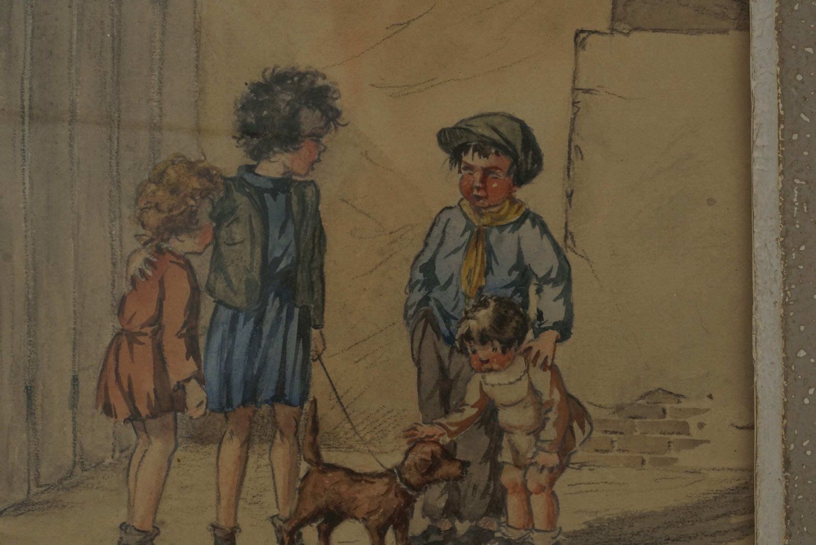 Antique French Drawing Of Street Urchin Children By T Maybon, Humorous Framed Kids And Dog Art photo for sale