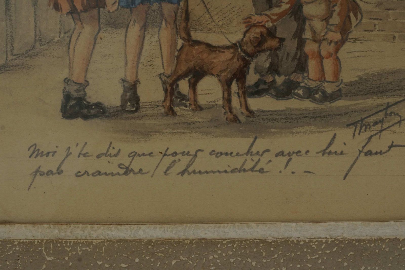 Antique French Drawing Of Street Urchin Children By T Maybon, Humorous Framed Kids And Dog Art photo Art
