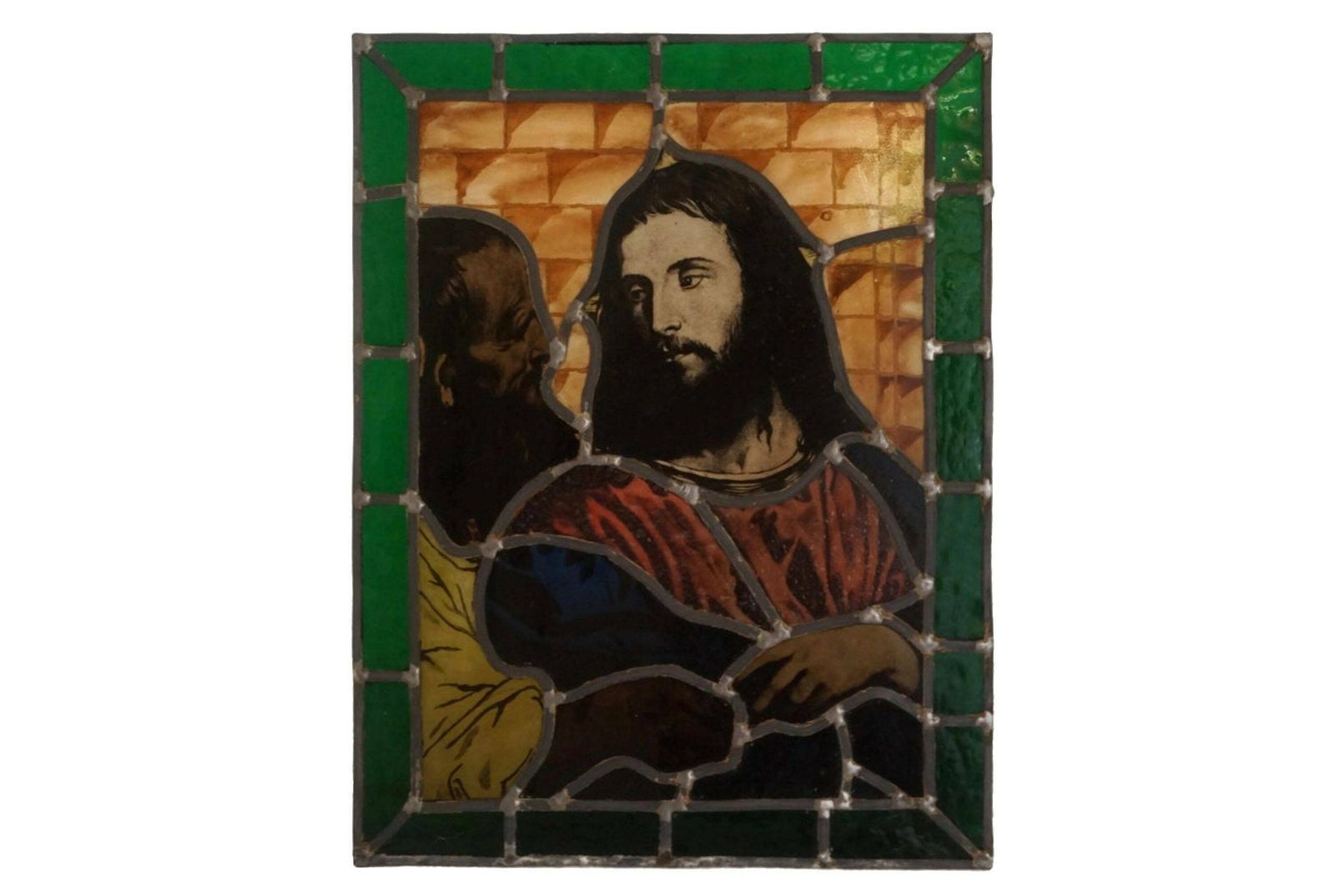 French Religious Stained Glass Panel, Antique Jesus Portrait, The Tribute Money By Titian