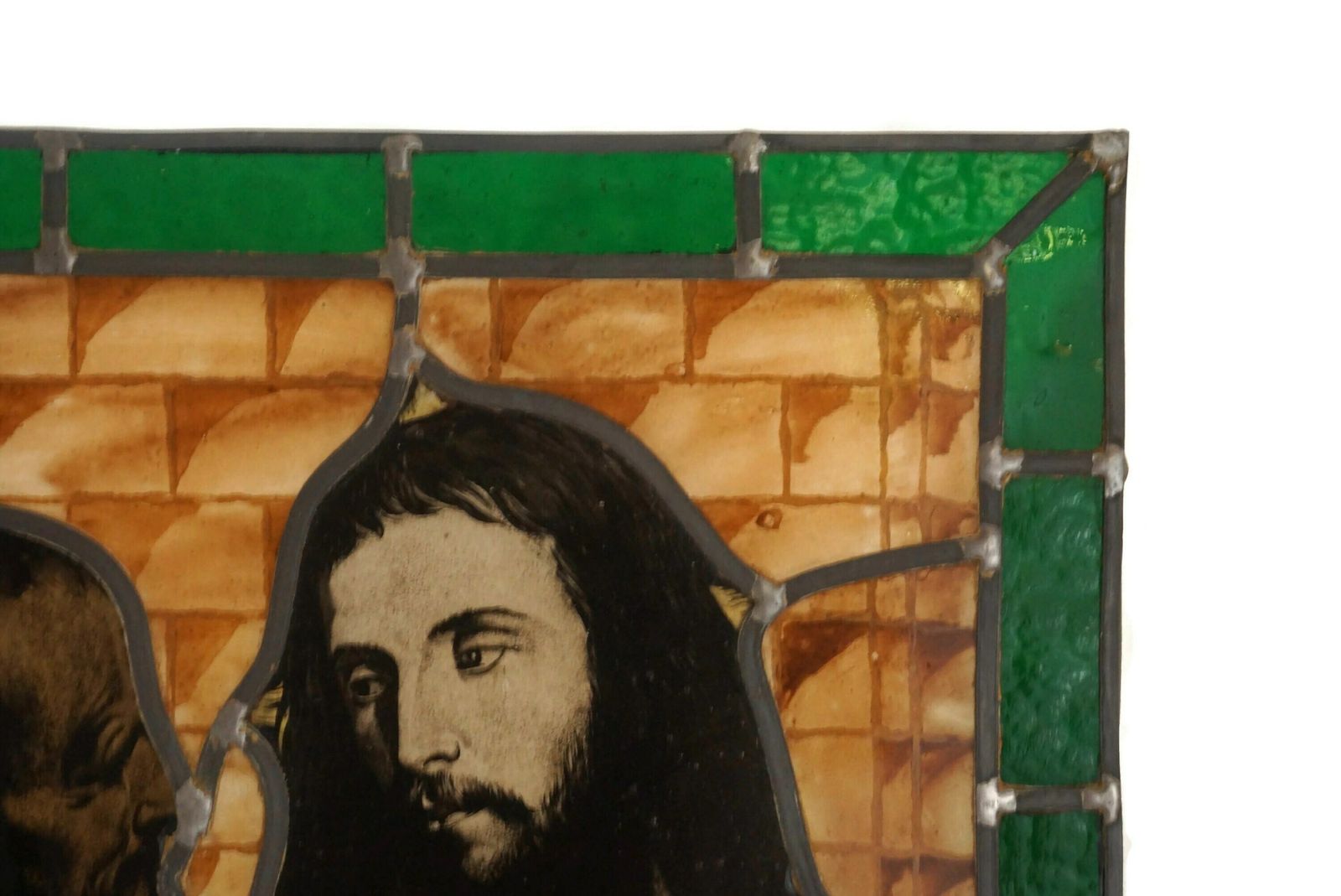 French Religious Stained Glass Panel, Antique Jesus Portrait, The Tribute Money By Titian photo 1326.0