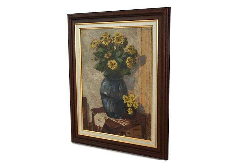 Yellow Flowers In Vase Painting Antique French Floral Bouquet Still Life Art photo vintage