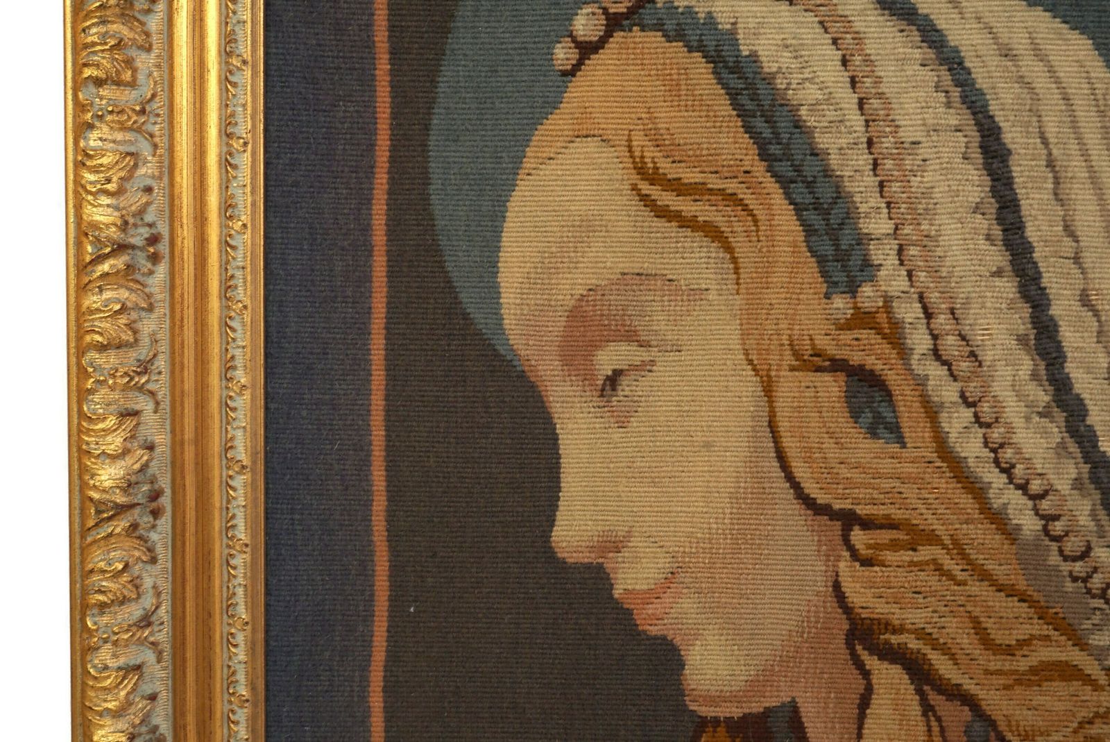 French Aubusson Tapestry With Virgin Mary Of St Galmier Portrait, Vintage French Needlework Art photo vinterior
