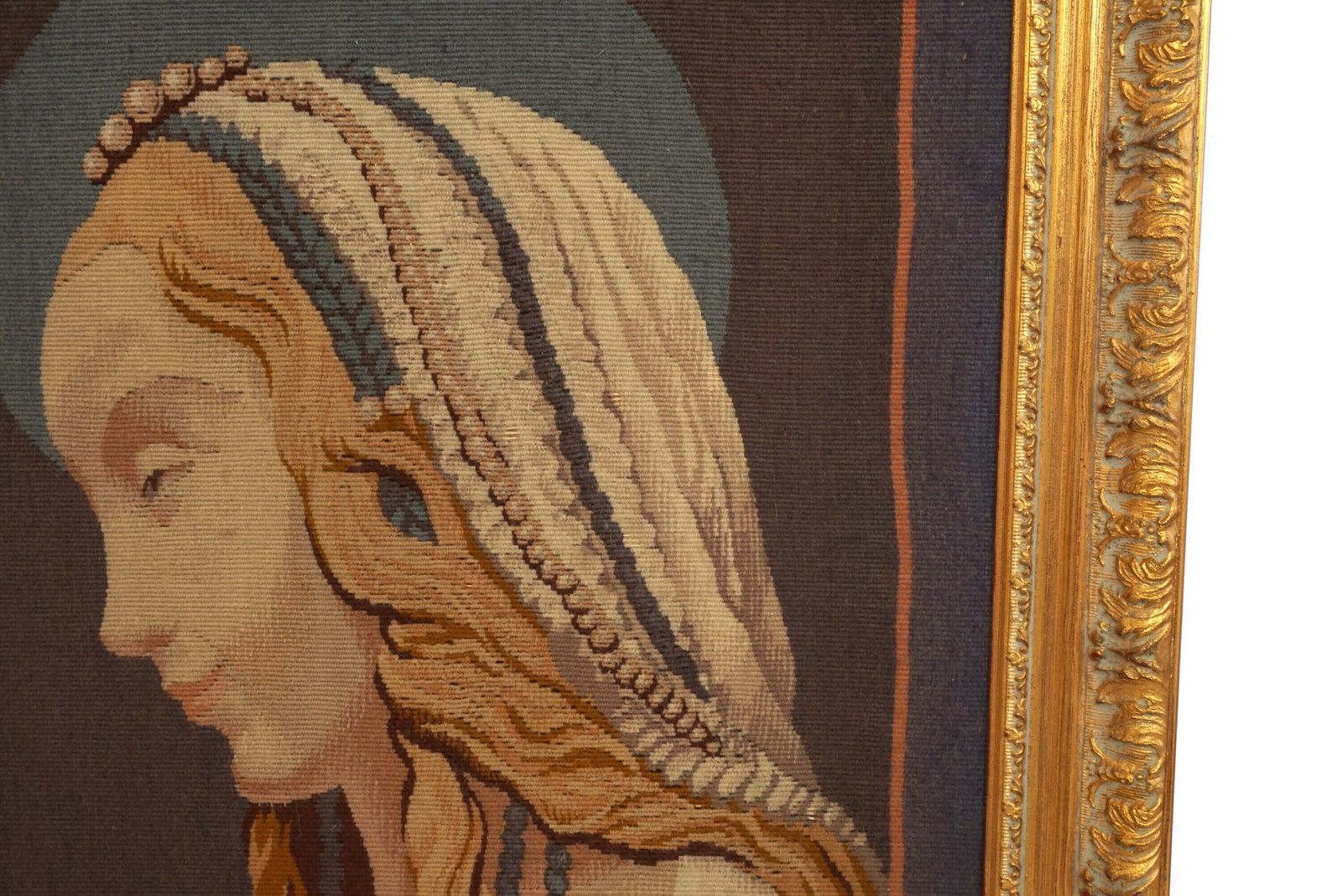 French Aubusson Tapestry With Virgin Mary Of St Galmier Portrait, Vintage French Needlework Art photo vintage