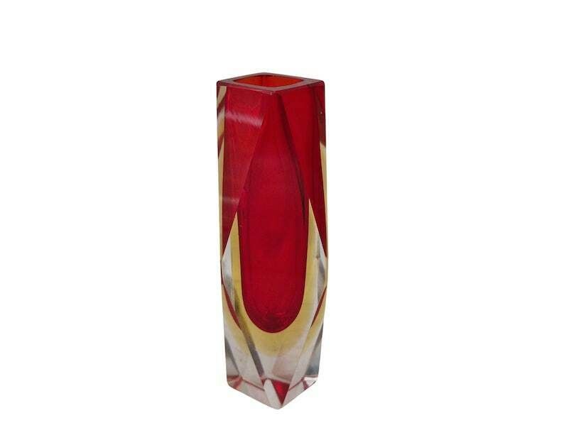 Red Sommerso Murano Faceted Glass Vase, Mid Century Mandruzzato 2 Layer Glass Flower Holder photo buy