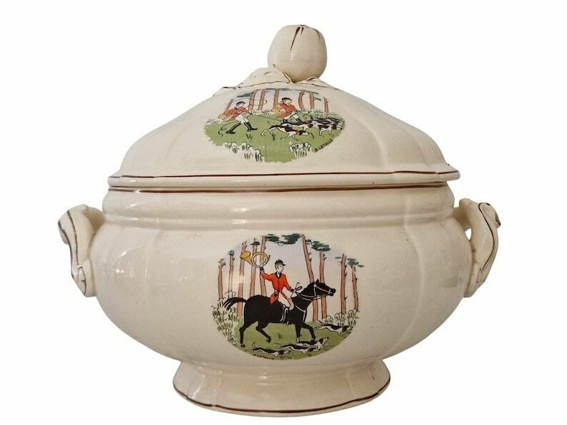 French Faience Soup Tureen With Horse And Hound Fox Hunting Transferware By Sarreguemines, Antique Ceramic Serving Dish With Lid