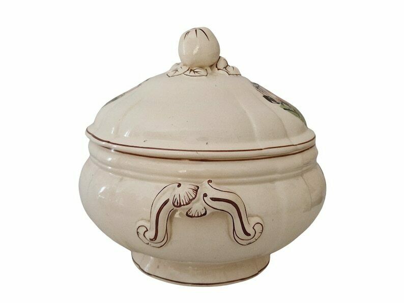 French Faience Soup Tureen With Horse And Hound Fox Hunting Transferware By Sarreguemines, Antique Ceramic Serving Dish With Lid photo for sale