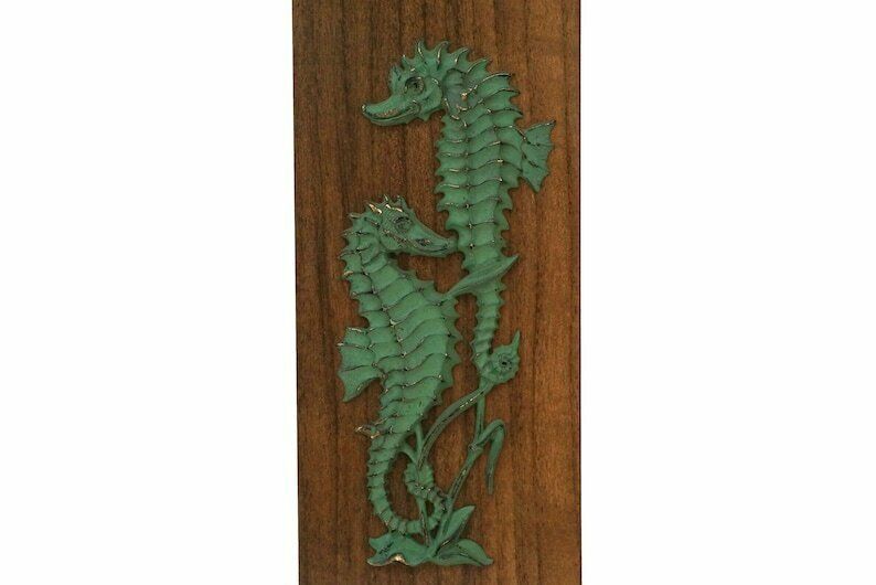 Seahorse Figurine Wall Hanging Plaque, Mid Century Brass Coastal Art And Beach House Decor photo for sale