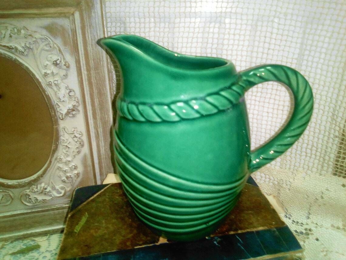 Vintage French Art Deco Green Glazed Majolica Pitcher, Mid Green Jug, Glazed Ceramic Vase