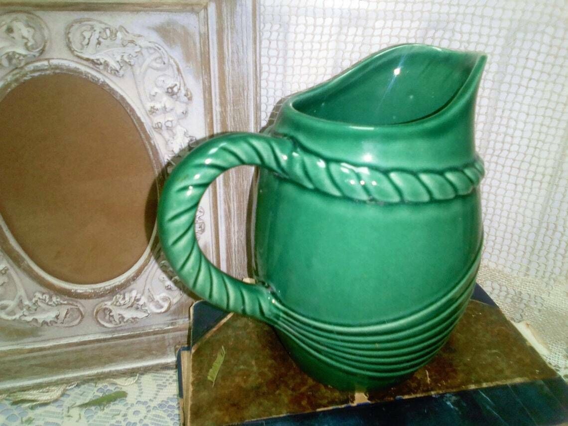 Vintage French Art Deco Green Glazed Majolica Pitcher, Mid Green Jug, Glazed Ceramic Vase photo furniture