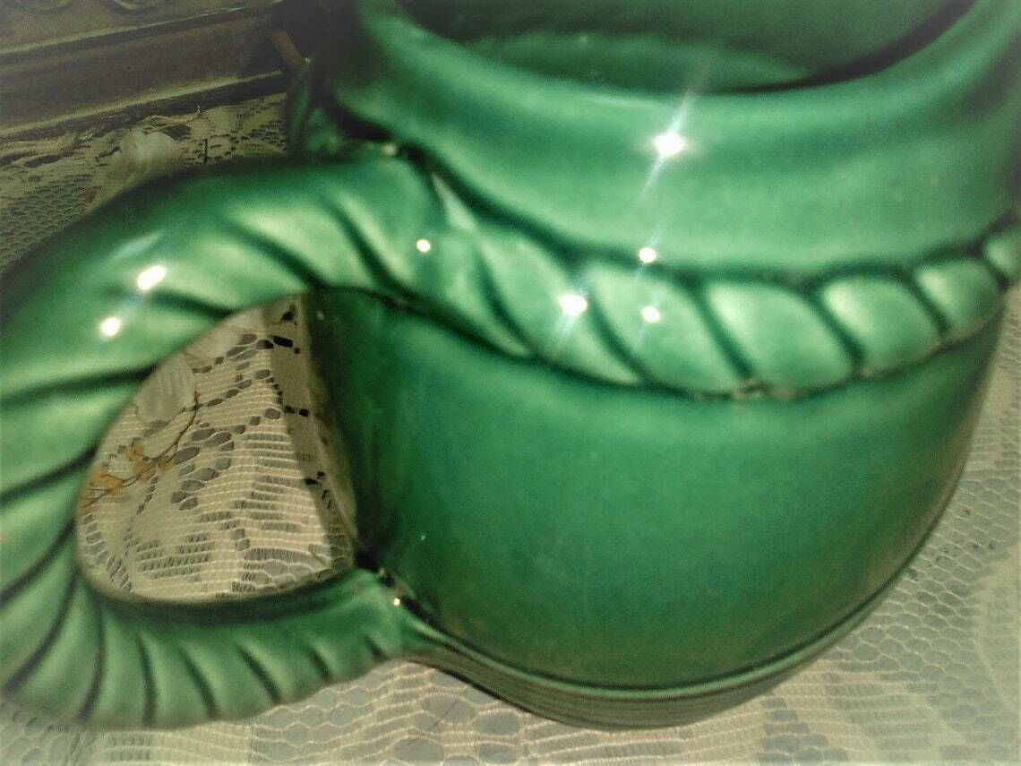 Vintage French Art Deco Green Glazed Majolica Pitcher, Mid Green Jug, Glazed Ceramic Vase photo for sale