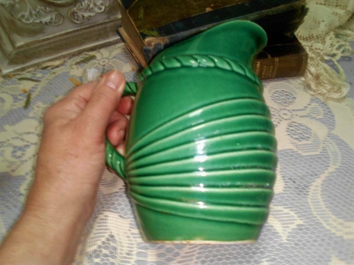 Vintage French Art Deco Green Glazed Majolica Pitcher, Mid Green Jug, Glazed Ceramic Vase photo 74.0