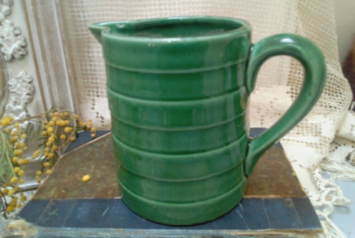 Vintage French Art Deco Green Glazed Majolica Pitcher, Mid Green Jug, Glazed Ceramic Vase