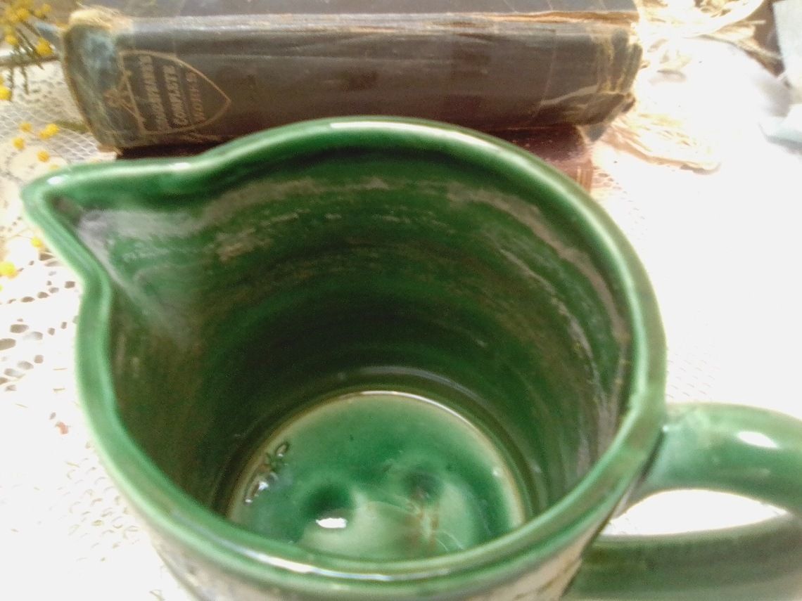 Vintage French Art Deco Green Glazed Majolica Pitcher, Mid Green Jug, Glazed Ceramic Vase photo Home Decor
