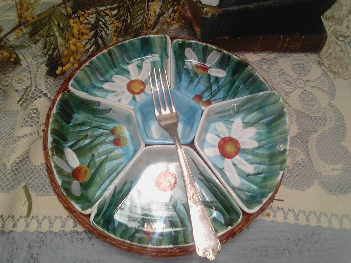 photo furniture Vintage Ceramic Snack Tray With Wicker Tray, Rattan And Porcelain Mezze Server, Hand Painted Snack Serving Tray