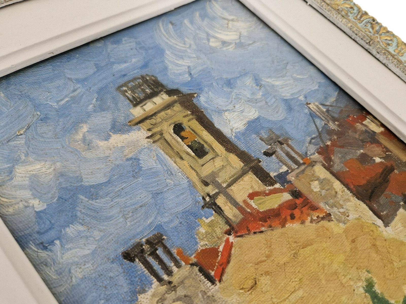 French Provencal Village Painting With Belfry Bell Tower, Original Framed And Signed Art photo for sale