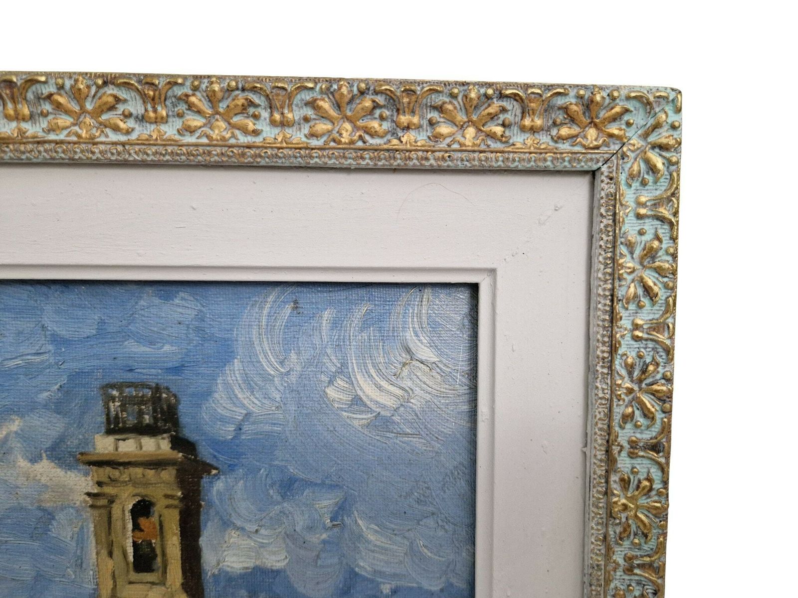 French Provencal Village Painting With Belfry Bell Tower, Original Framed And Signed Art photo vinterior