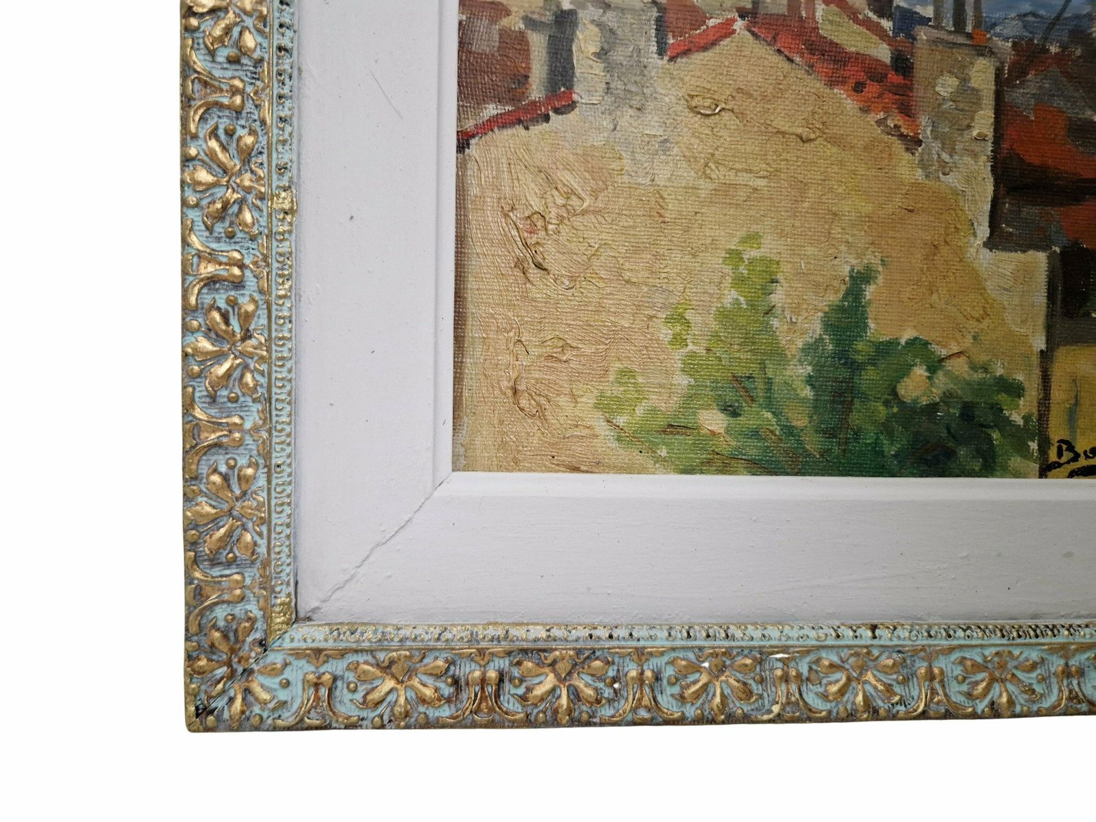 French Provencal Village Painting With Belfry Bell Tower, Original Framed And Signed Art photo vintage