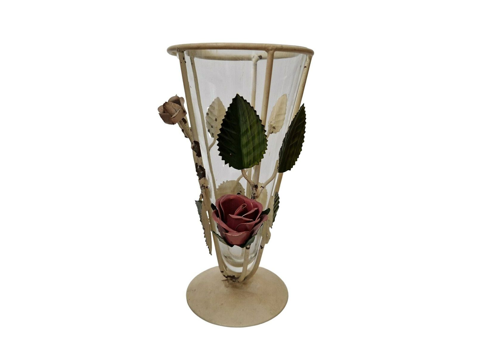 Tole Flower Glass Cone Vase With Metal Rose And Leaf Stand