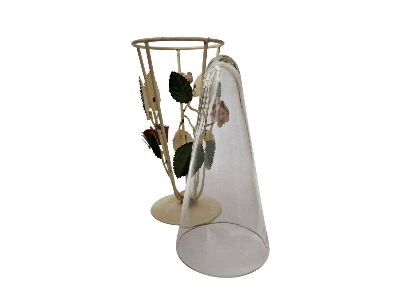 Tole Flower Glass Cone Vase With Metal Rose And Leaf Stand photo for sale