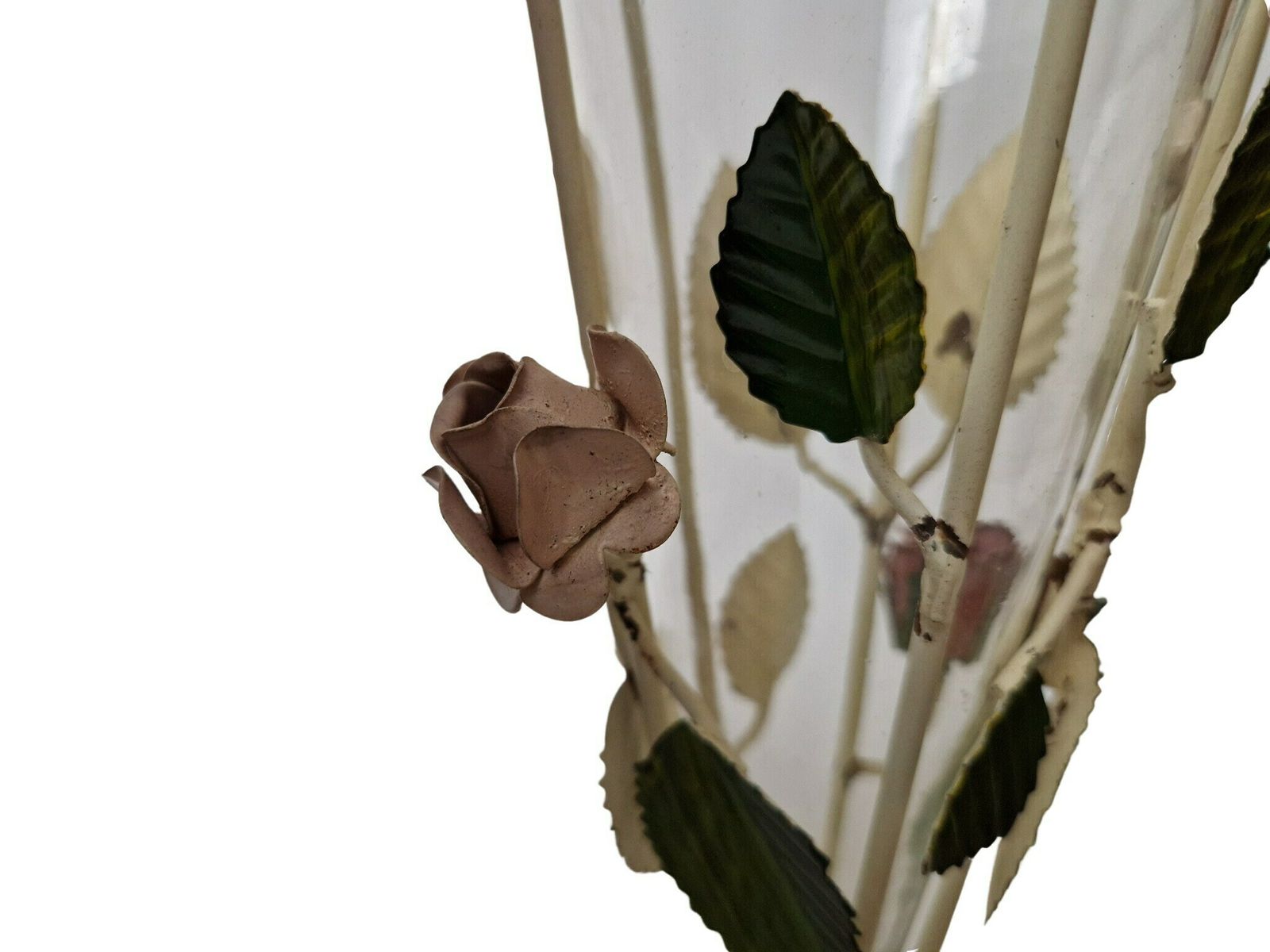 photo furniture Tole Flower Glass Cone Vase With Metal Rose And Leaf Stand
