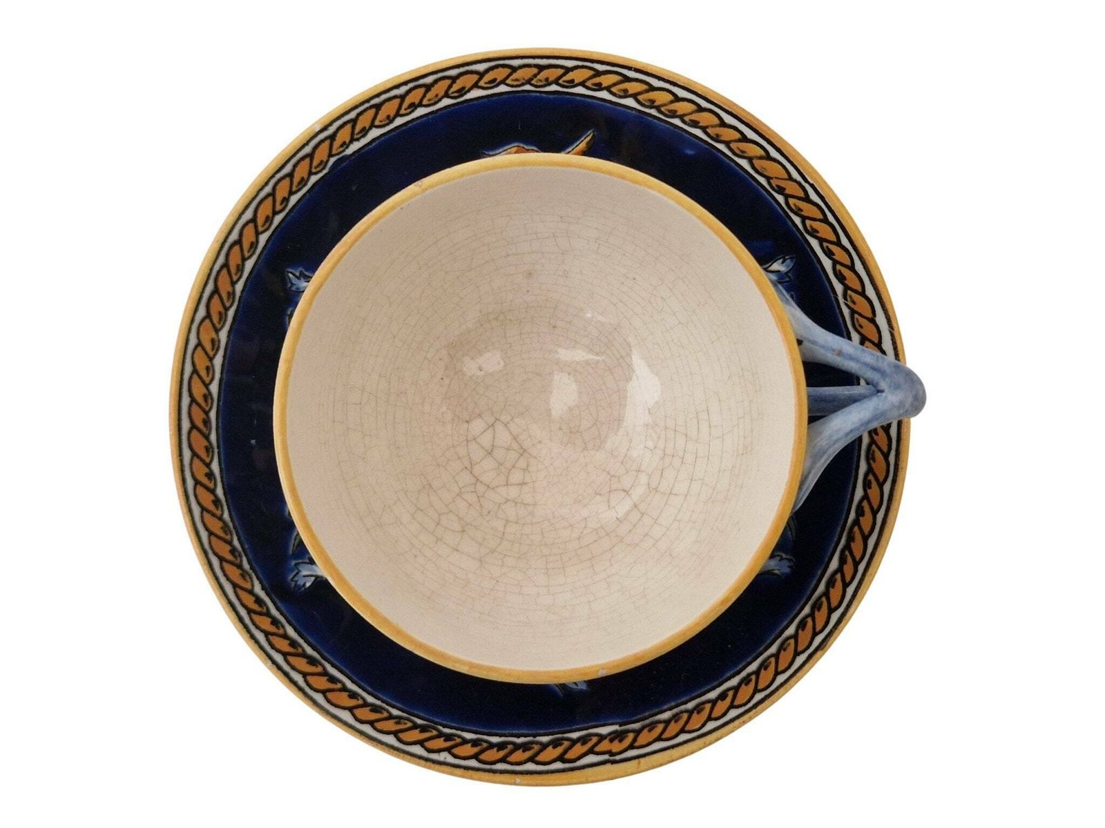 Gien Blue Renaissance Tea Cup And Saucer Set With Hand Painted Mythology Pattern, French Faience photo Home Decor