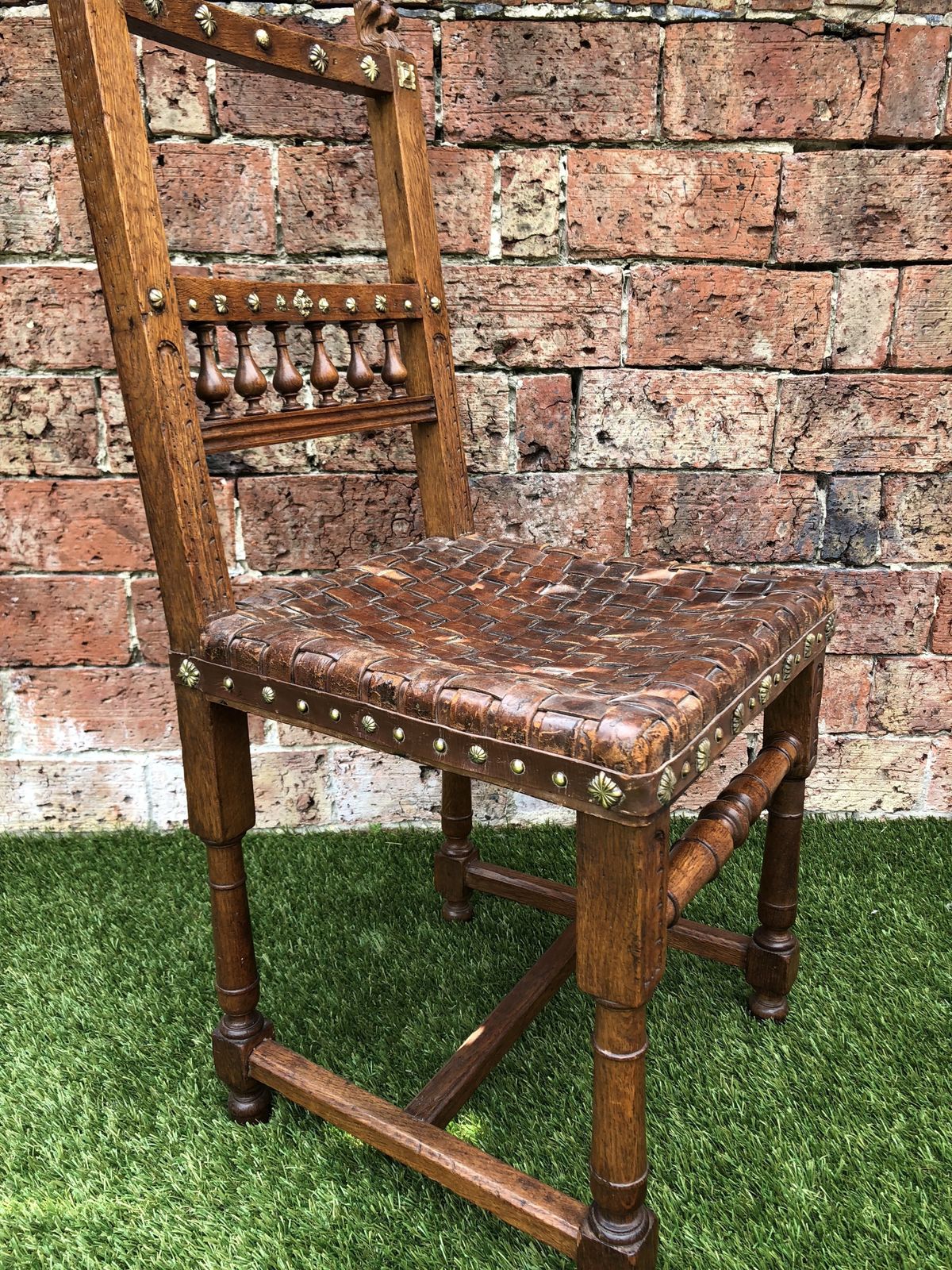 The Arts & Craft Chair, Unusual Antique Oak Lions Head Carved Leather Webbed Seat Chair With Brass Studding. photo furniture