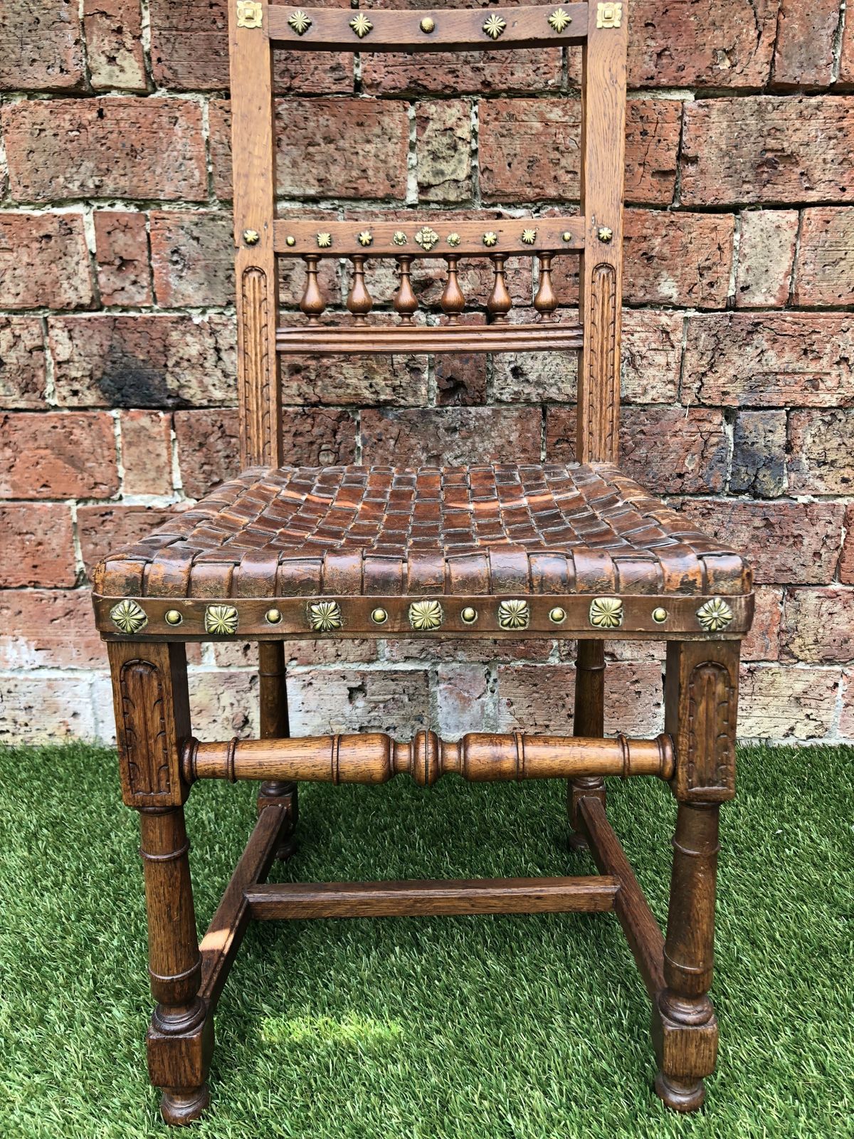 The Arts & Craft Chair, Unusual Antique Oak Lions Head Carved Leather Webbed Seat Chair With Brass Studding. photo 495.0
