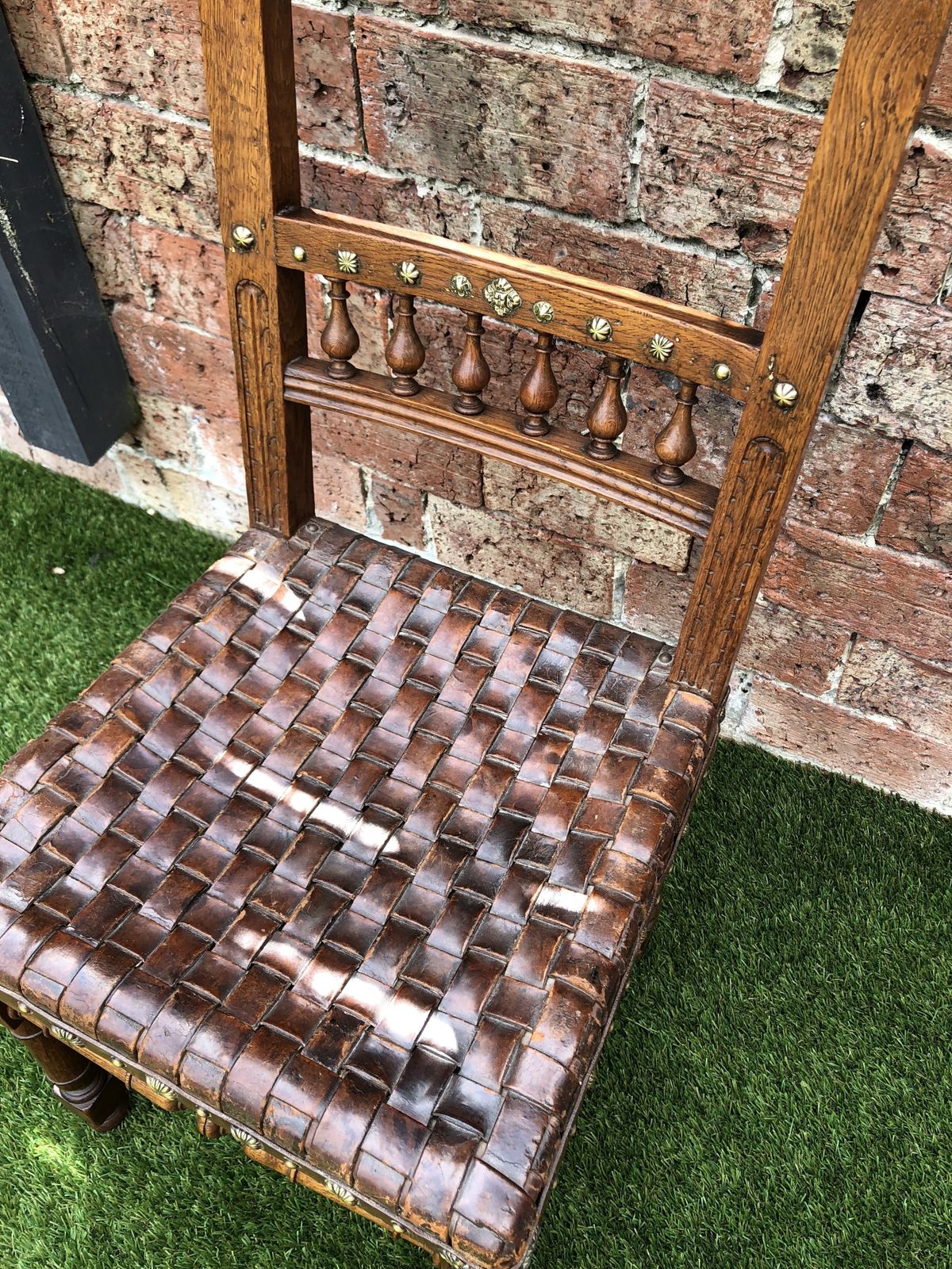 The Arts & Craft Chair, Unusual Antique Oak Lions Head Carved Leather Webbed Seat Chair With Brass Studding. photo vinterior