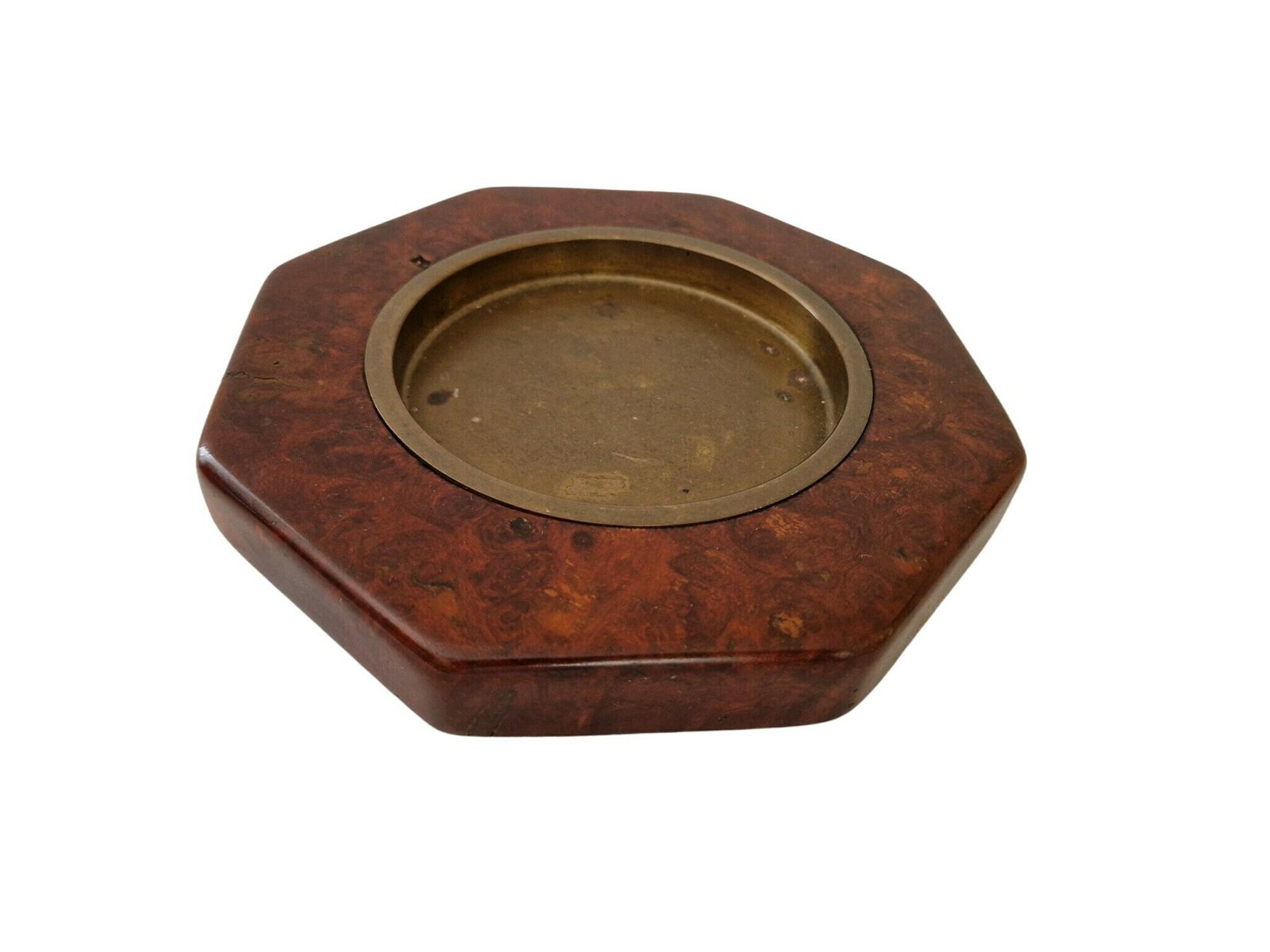 Midcentury Burlwood And Brass Coin Dish And Catchall Tray, Wooden Desk Organizer With Advertising For French Total Energy Company photo Home Decor