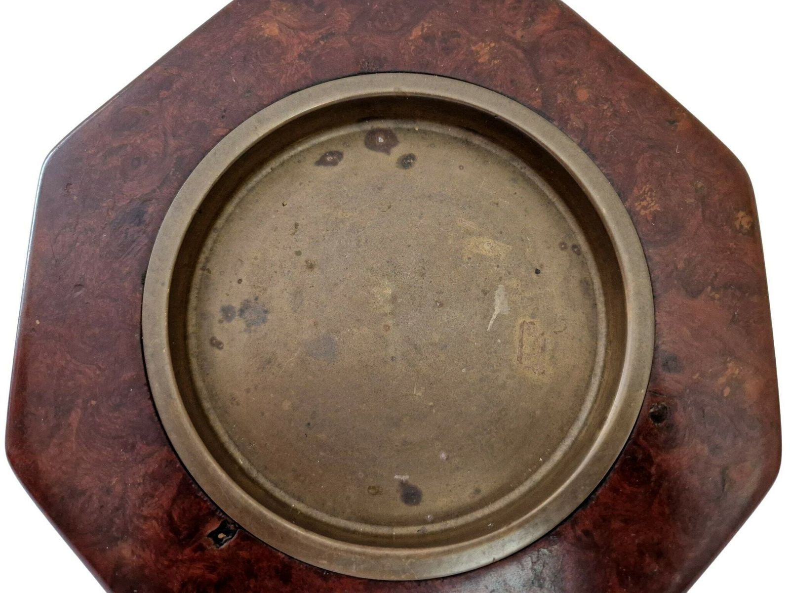 Midcentury Burlwood And Brass Coin Dish And Catchall Tray, Wooden Desk Organizer With Advertising For French Total Energy Company photo vinterior