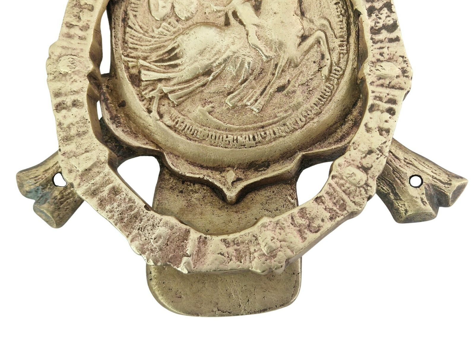 Antique French Bronze Door Knocker With Templar Knight On Horseback, Horseshoe And Crown photo furniture
