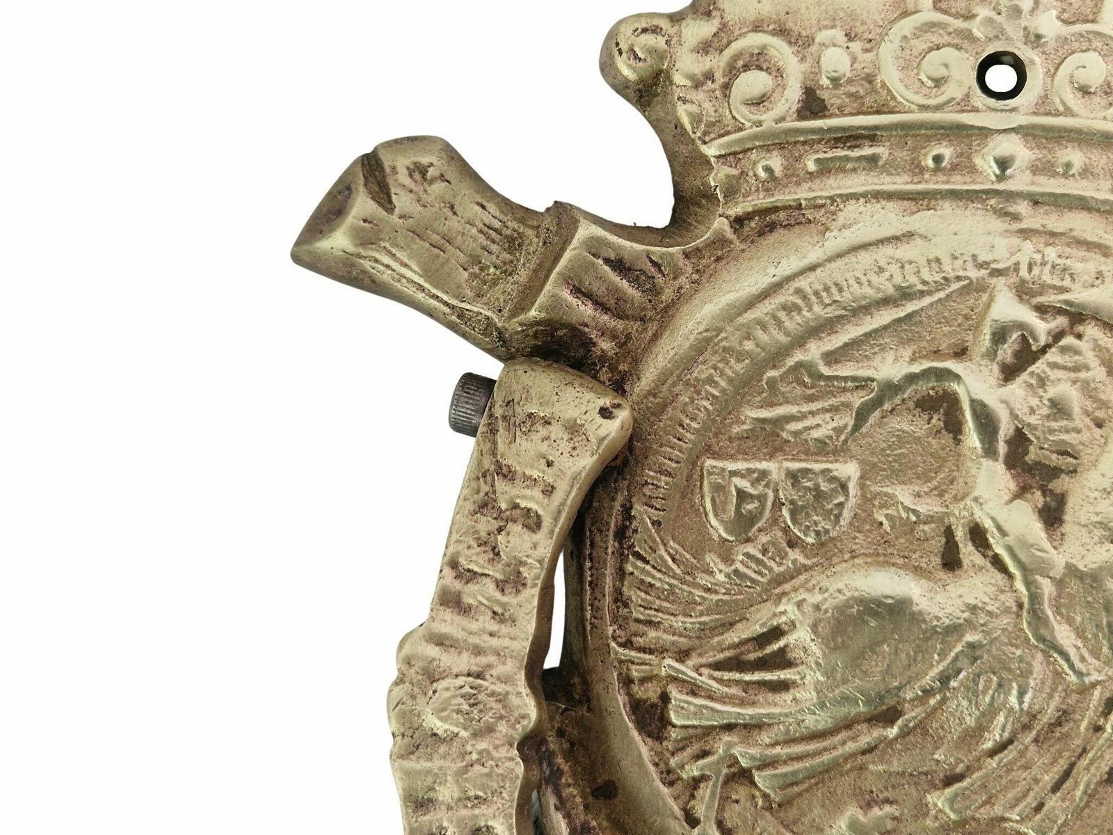 Antique French Bronze Door Knocker With Templar Knight On Horseback, Horseshoe And Crown photo Home Fixtures