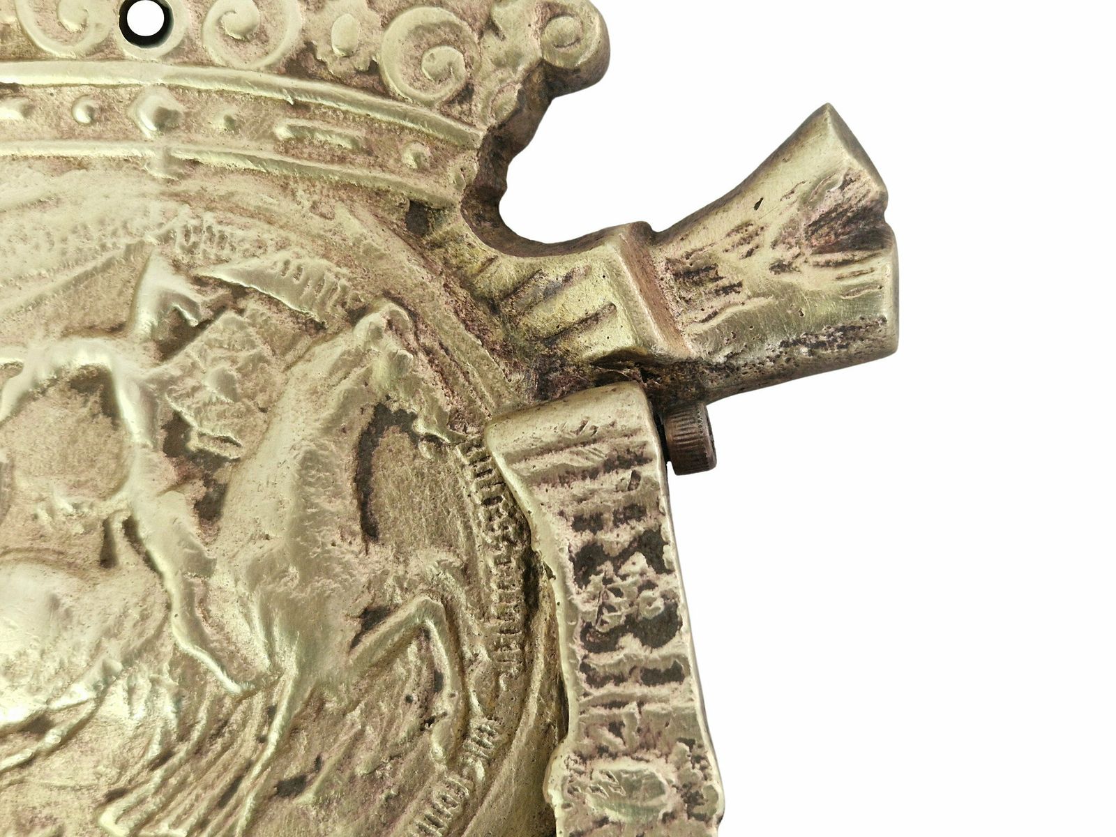 photo furniture Antique French Bronze Door Knocker With Templar Knight On Horseback, Horseshoe And Crown