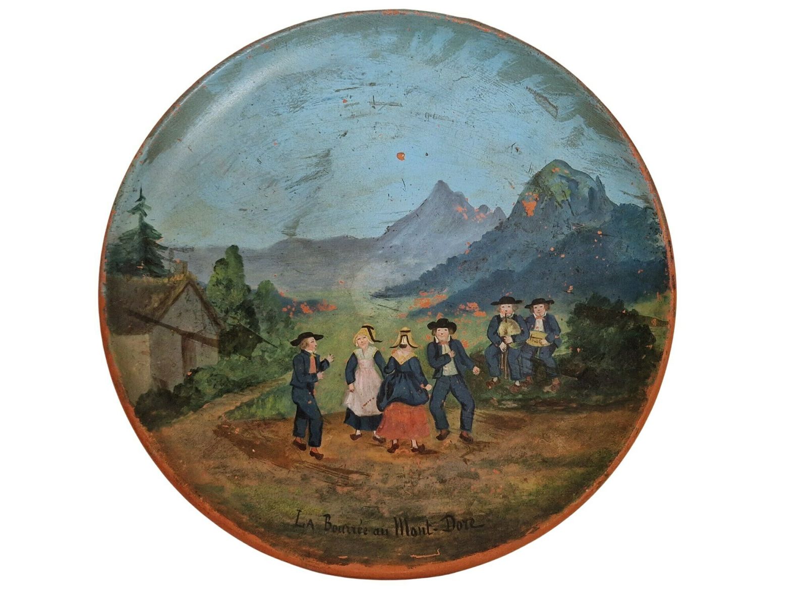 French Antique Terracotta Wall Plate With Hand Painted Village Dancing Scene, Folk Art Bouree Dance