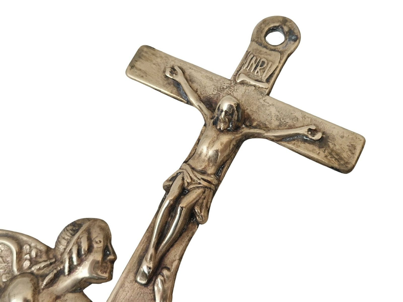 Vintage Brass Holy Water Font With Angels And Crucifix Wall Hanging photo vinterior