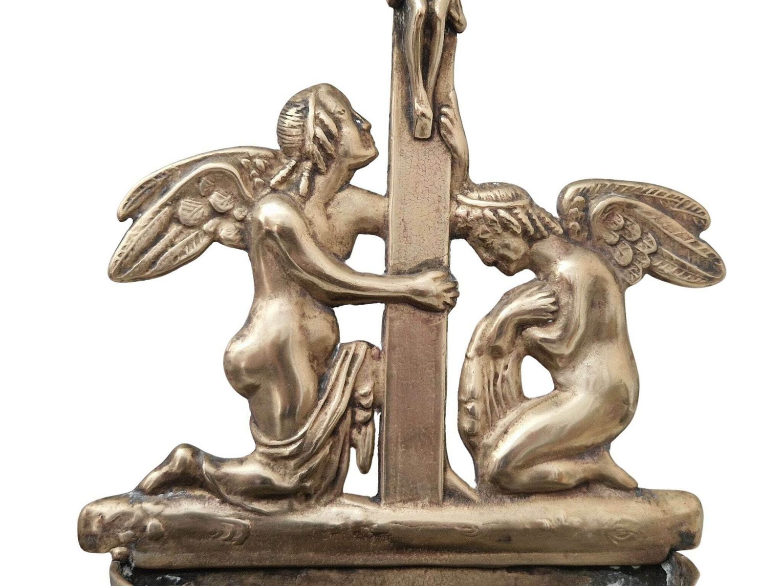 Vintage Brass Holy Water Font With Angels And Crucifix Wall Hanging photo vintage